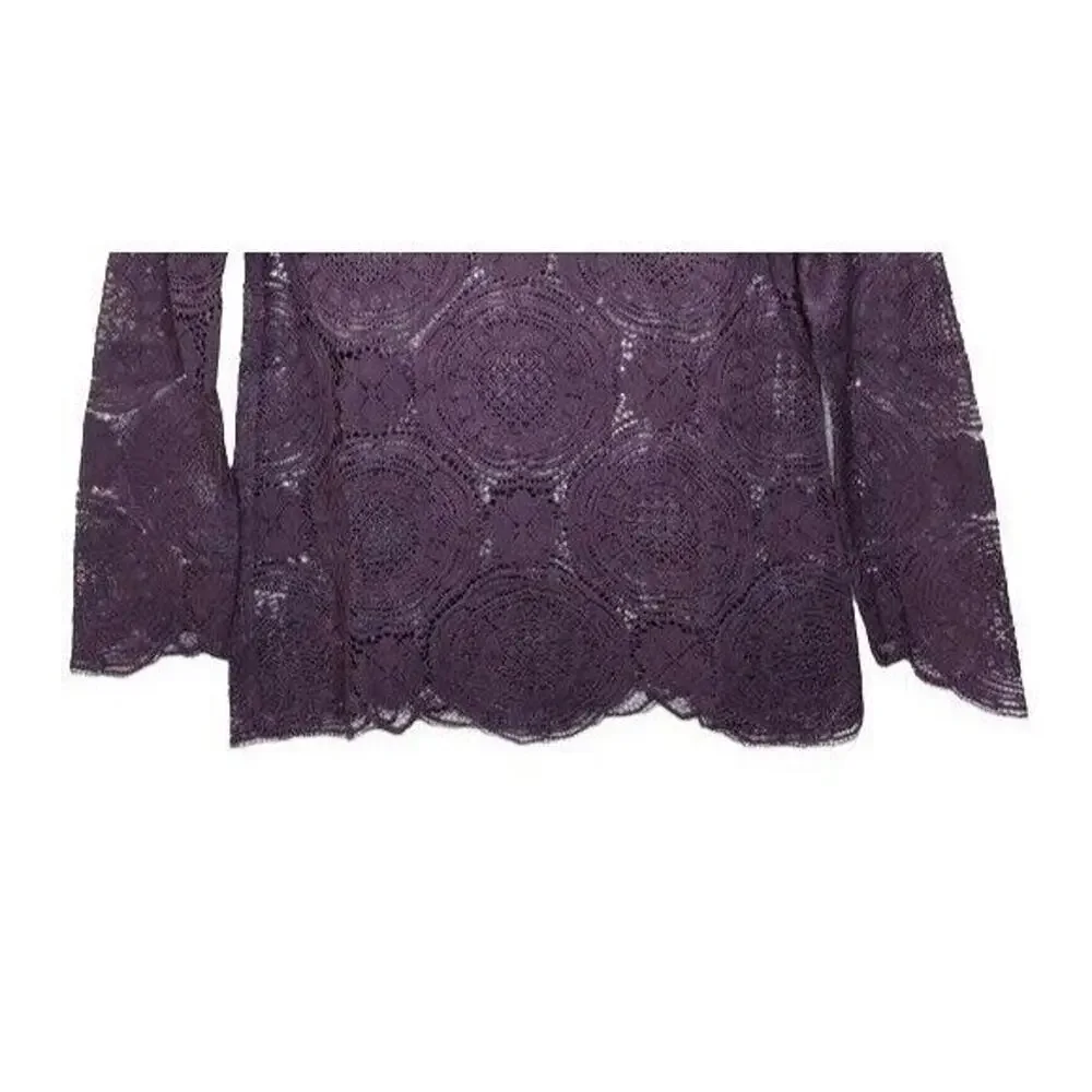 Ann Taylor Sheer Laced Long Sleeve Top Round Neck Key Hole Button XS Plum #4224